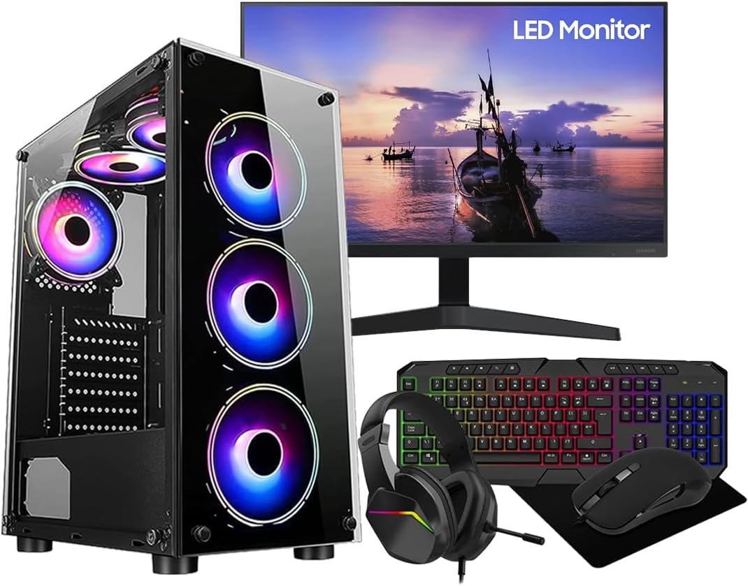 ASC Gaming PC Tower: Intel Core i5 • Nvidia GT1030 2GB • 16GB RAM • 256GB SSD+1TB HDD • 500W 80Plus • WiFi • Windows 10 • Black 6 Fans RGB Case • 22" Monitor Bundle