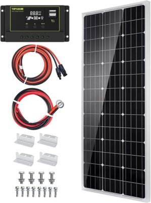 Topsolar Solar Panel Kit 100 Watt 12 Volt Monocrystalline Off Grid System for Homes RV Boat + 30A 12V/24V LCD PWM Solar Charge Controller + 16ft Solar Cables with Connector + Z-Brackets for Mounting