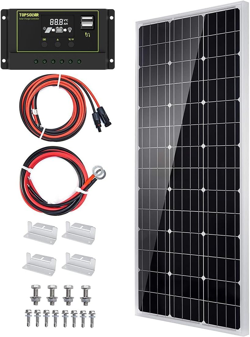 Topsolar Solar Panel Kit 100 Watt 12 Volt Monocrystalline Off Grid System for Homes RV Boat + 30A 12V/24V LCD PWM Solar Charge Controller + 16ft Solar Cables with Connector + Z-Brackets for Mounting