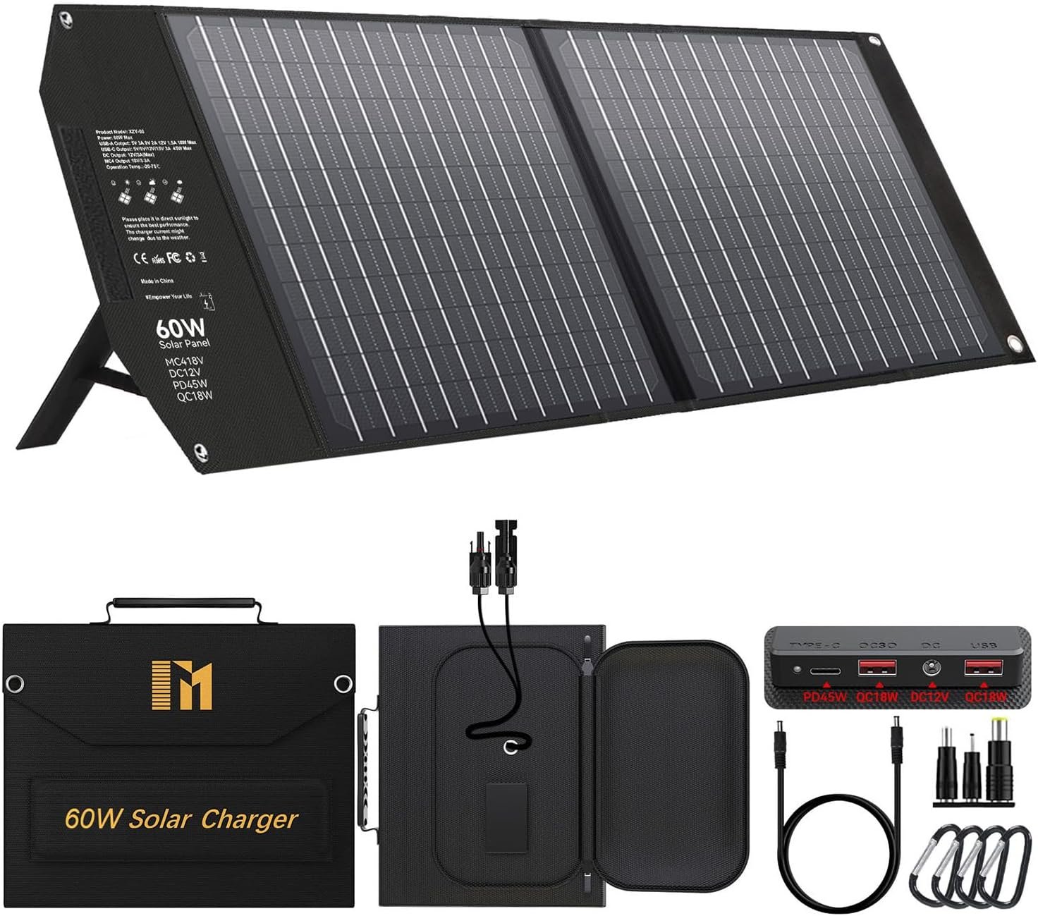 Mesuvida 60W Foldable Solar Panel with 5 Ports, 18V MC4 Higher Output/12V DC/QC 3.0 USB-A & USB-C (PD 45W) Portable USB Solar Panel for Portable Generator Power Station Smartphones Tablet