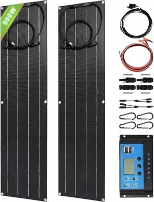 500 Watt Ultra-Thin Solar Panel, 2X 250W 12V-24V ETFE Flexible Solar Panel Kit with 40A Controller, Flexible Monocrystalline Solar Panels, Suitable for Family, Rv, Caravan, Boat