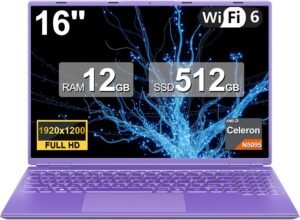 16 Inch Laptop, Quad-Core Celeron N5095 Up to 2.9Ghz, 12+512GB SSD Extension 1TB Notebook Laptop , Win11 laptop computer Support 5G WiFi,1920*1200,Cooling Fan,BT4.2,Mouse,Keyboard Film UK-Purple