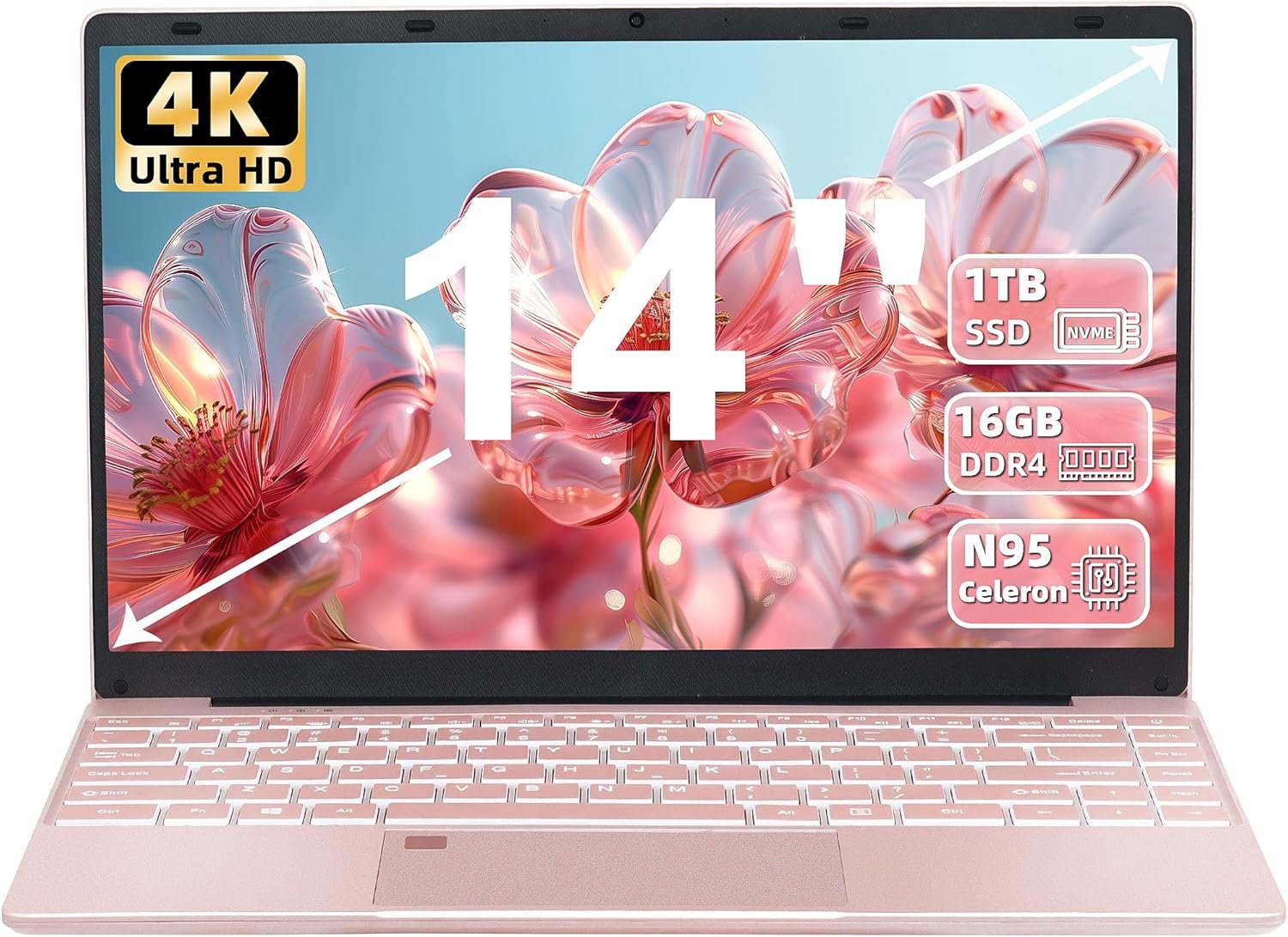 Fsjun 14" Rose Gold Laptop, 16GB RAM, 1TB PCIE NVMe SSD, 4K UHD(3840x2160) IPS Display, 12th Gen Alder Lake N95 CPU (Up to 3.4Ghz), Win11 Pro, Office19, Fingerprint, Backlit KB, WIFI, HDMI(16G+1TB)