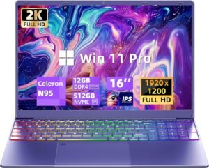 16 inch Purple Laptop, 12th Gen Alder Lake N95 CPU, 12G DDR5 RAM 512GB NVMe SSD, 2K 1920 * 1200 FHD IPS, Win11 Pro, Office19, Color Backlit KB, Fingerprint, HDMI, WiFi, Long Battery Life(512GB SSD)