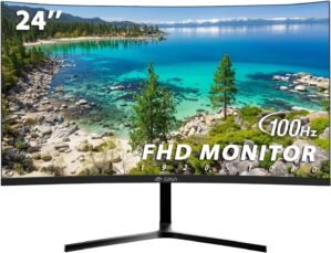 CRUA 24″ Curved Monitor, FHD(1920×1080P) 100HZ, 99% sRGB Color Gamut Computer Monitors, Narrow Bezels on Three Sides, Blue Light Filter PC Monitor for Home, Office and Dormitory(HDMI, VGA)-Black