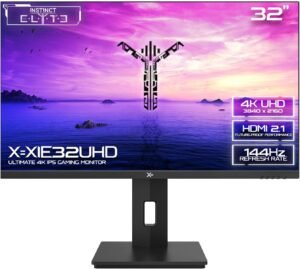𝗫= 32 Inch 4K Gaming Monitor • 3840 x 2160p 4K UHD • 144Hz • 1ms MPRT • IPS • RGB • G-Sync/FreeSync • HDR400 • HDMI 2.0, DisplayPort 1.4 • Tilt/Height Adjustable • Vesa Mountable • (XIE32UHD | Black)