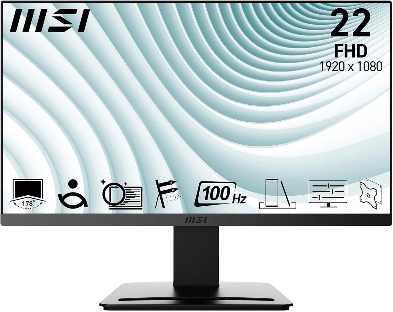 MSI PRO MP223 22.3 Inch Monitor, Full HD (1920 x 1080), 100Hz, VA, 4ms, FreeSync, HDMI, VGA, Anti-Glare, Anti-Flicker, Less Blue light, TÜV Certified, VESA, Kensington, Black