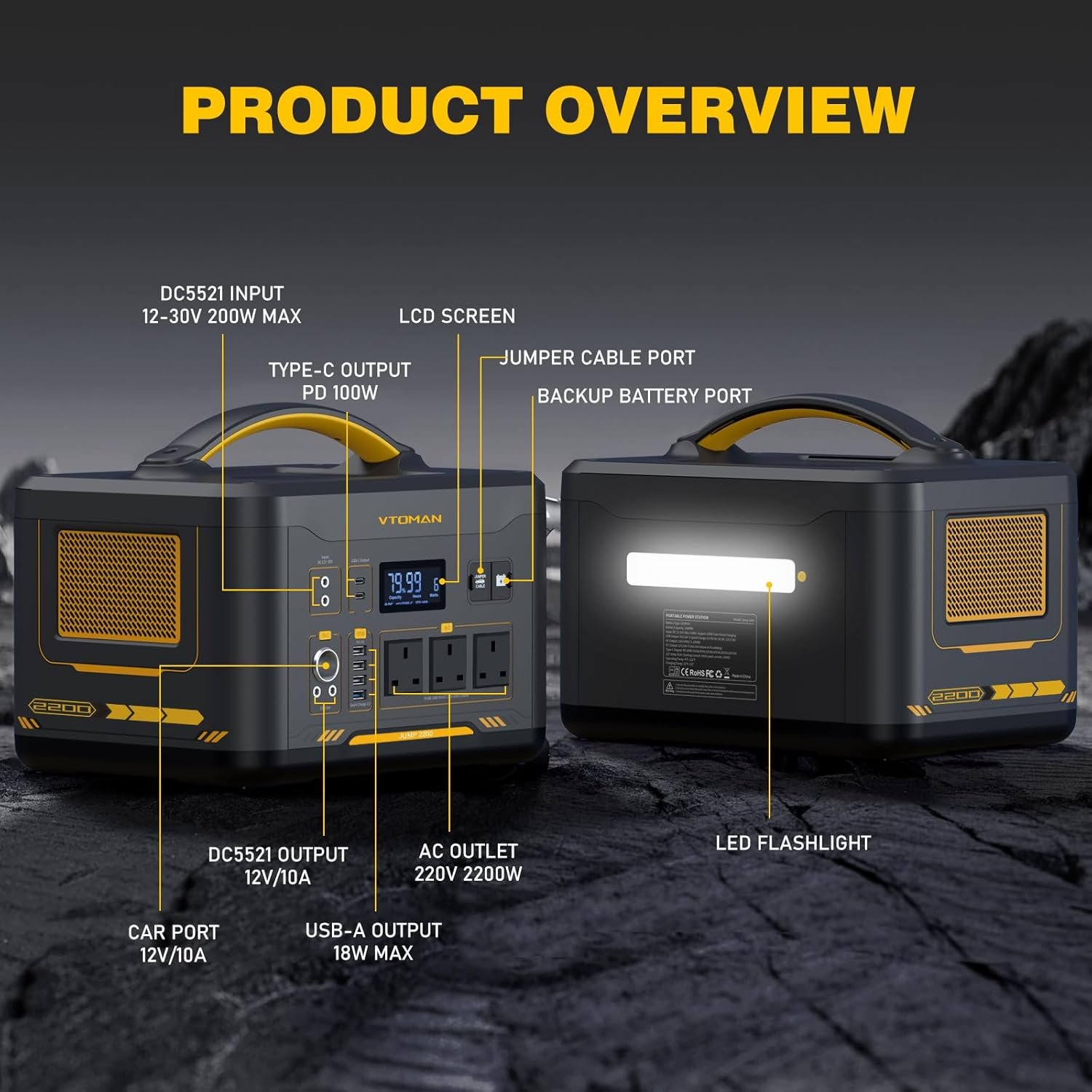VTOMAN Jump 2200 Portable Power Station with 200W Solar Panel - 2200W/1548Wh LiFePO4 Battery Powered Solar Power Generator, 2200W Constant-Power, Regulated 12V DC, PD 100W Type-C for Camping, Travel - Image 4