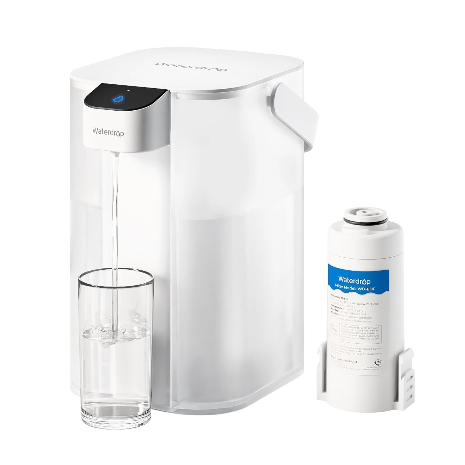 Waterdrop Instant Electric Water Filter Jug with a 3-Months Filter, 3.5L Countertop Water Filter System, Reduces Chlorine, Lead, Mercury, Reduce PFAS, PFOA/PFOS, 757 Litres, White (NOT Reduce TDS)