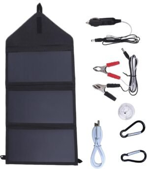 Solar Charger, Tri-Fold Portable 100W Solar Battery Generator Panel 58x29cm, Double USB Power Bank for Laptops, Smartphones, Ideal Fishing, Road Trips and Outdoor Adventures