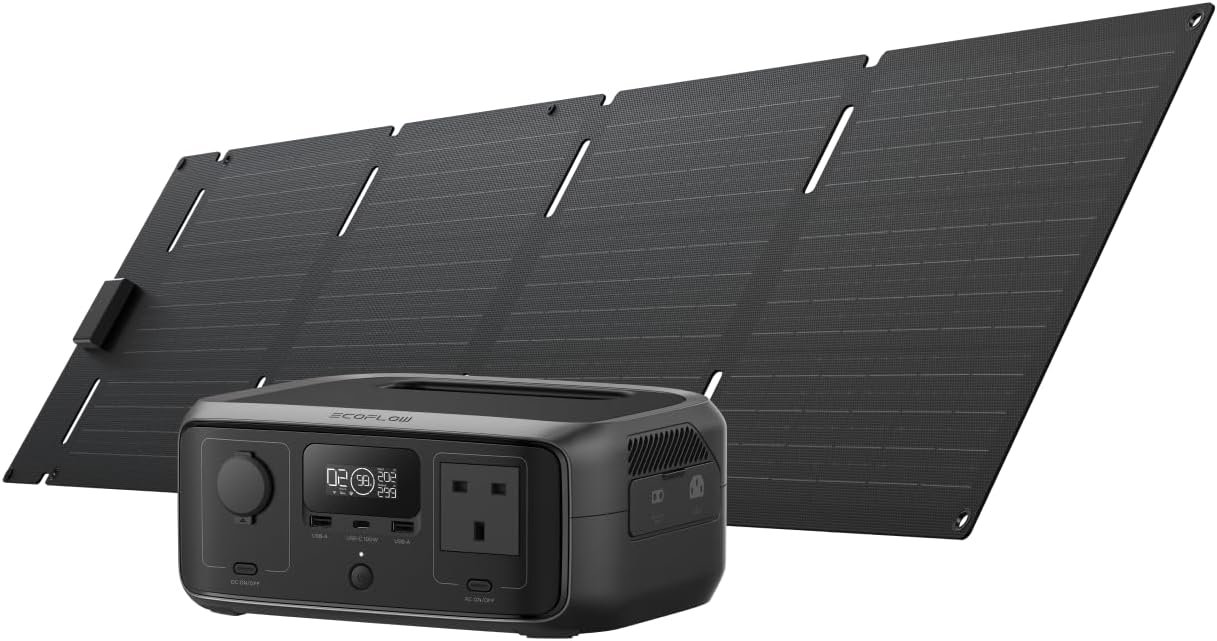 ECOFLOW RIVER 3 Portable Power Station with 60W solar panel, 245Wh LFP battery, up to 600W output, GaN efficiency doubles runtime,