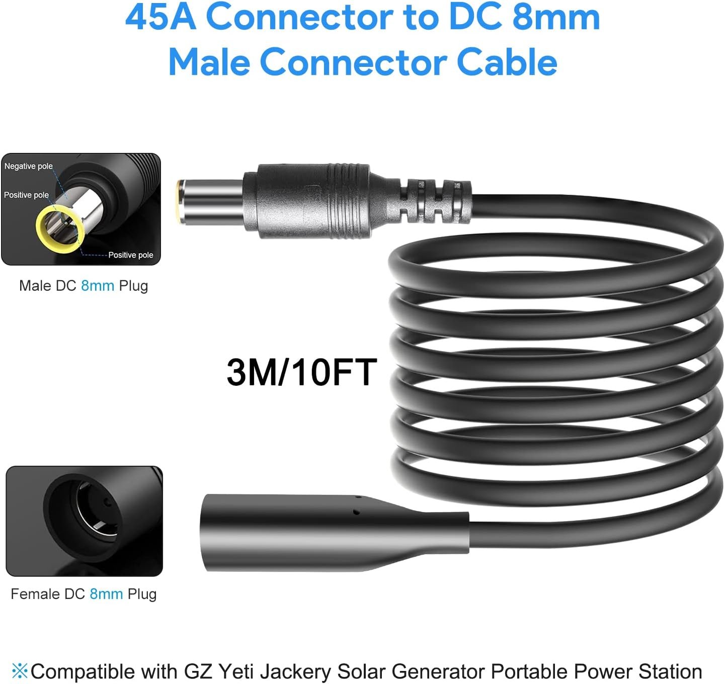 Solar Panel Extension Cable, HKY 10feet 8mm Extension Cable Female to Male Connector Power Plug for GZ Yeti Jackery 160/240/500/1000 Power Station Explorer Generator to SolarSaga 60W 100W Solar Panel - Image 3