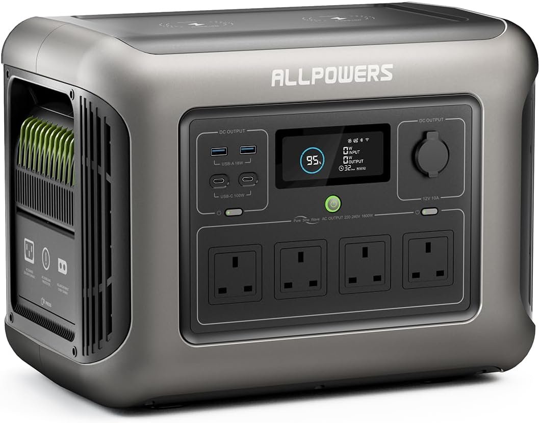 ALLPOWERS R1500 Portable Power Station, 1152Wh LiFePO4 Battery Backup w/ 4 1800W (3000W peak) AC Outlets, 0-80% in 40 Min, 43dB UPS Solar Generator for Camping, Power Outage, RV, Home Use, Travel