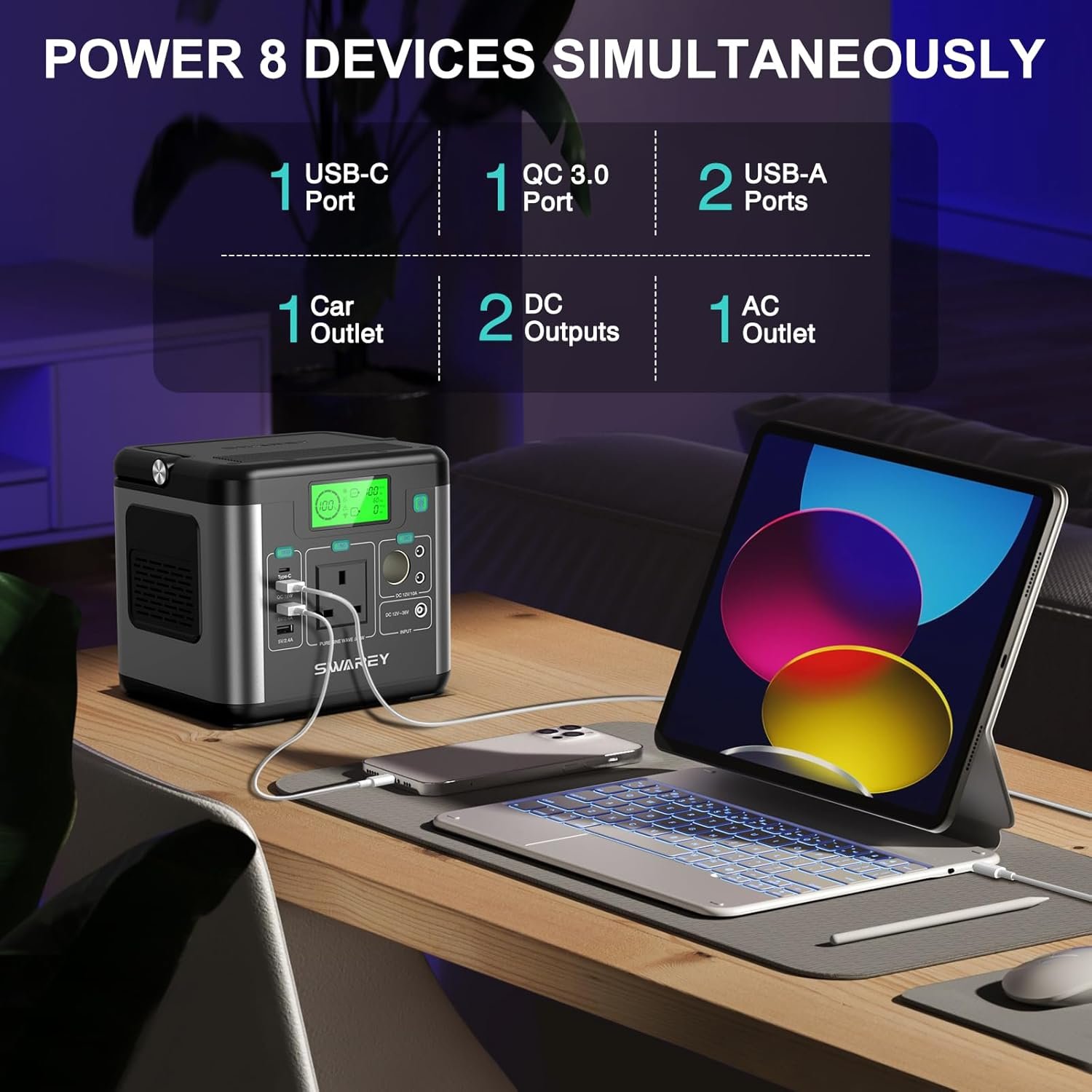 SWAREY 222Wh Power Station with 100W Solar Panel, 300W(Surge 600W) AC Outlet, PD 65W USB-C Port, Solar Generator for Outdoors Camping Travel Fishing Emergency - Image 4