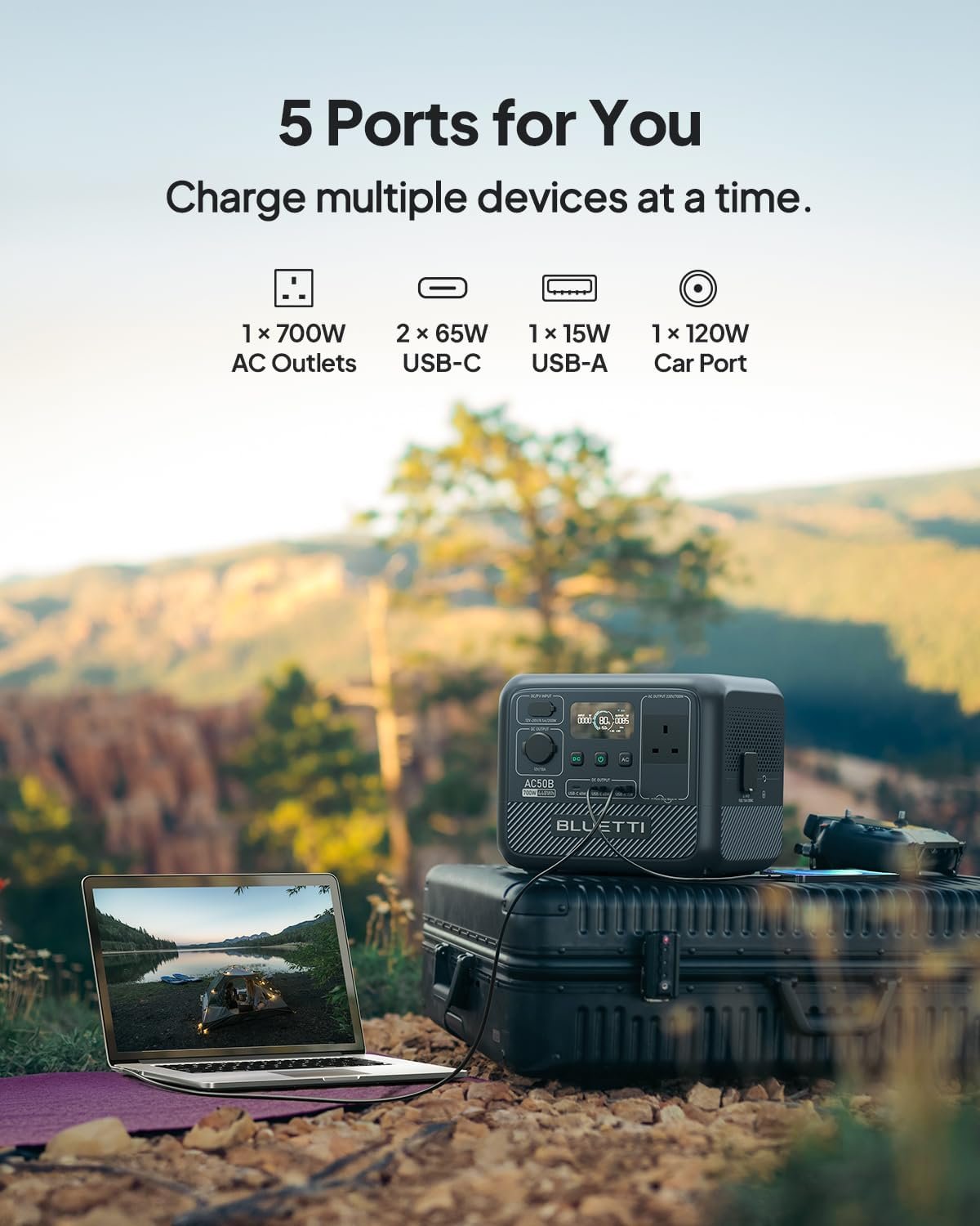 BLUETTI Portable Power Station AC50B, 448Wh LiFePO4 Battery Backup, 700W AC Outlets (1050W Surge), 65W USB-C PD Output, Solar Generator for Camping, Emergency, Travel (Solar Panel Optional) - Image 3