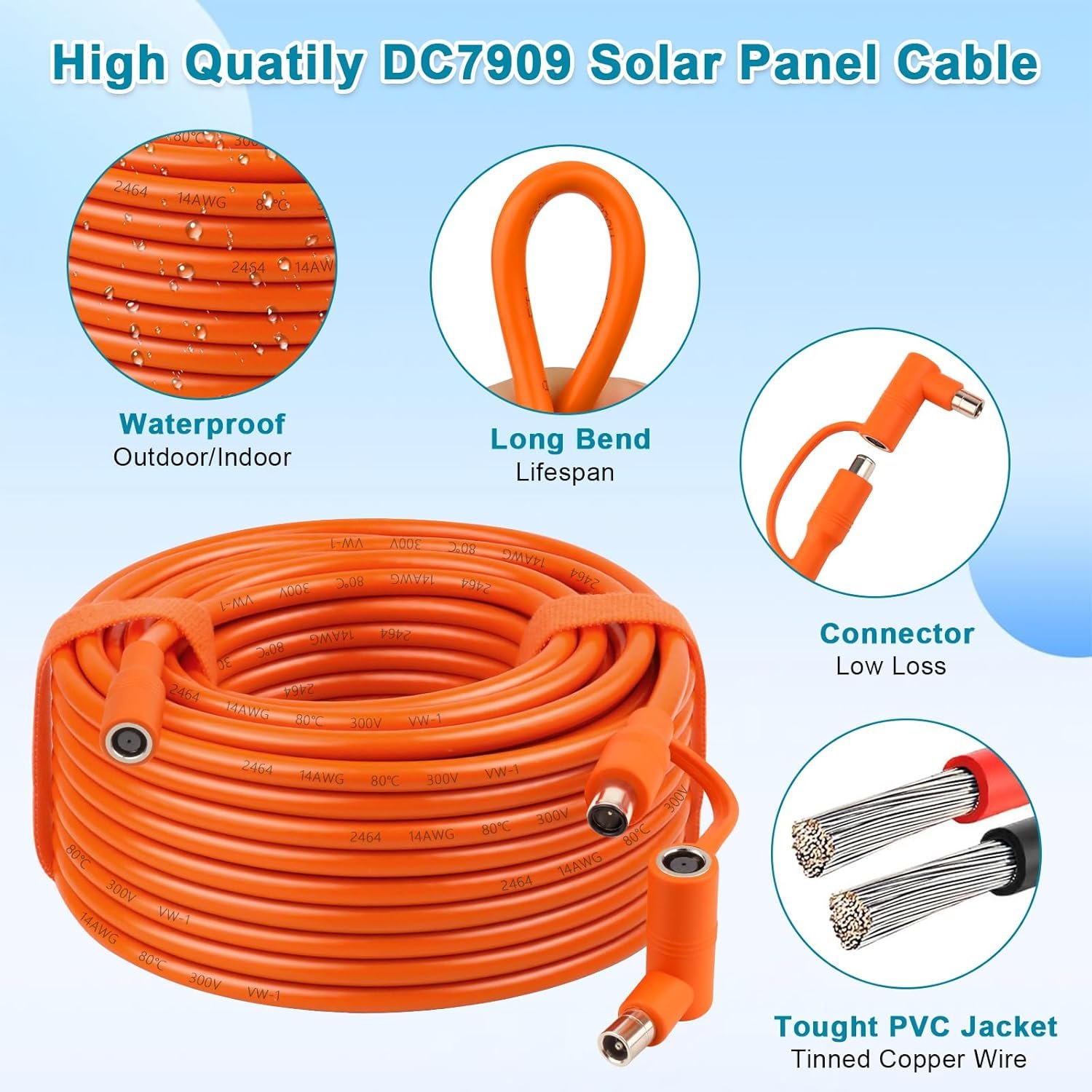 14AWG DC Solar Panel Power Wire 100FT, 14AWG 8mm DC Extension Cable (DC7909 to DC8020), DC7909 Solar Panel Power Cord for Solar Generators, Power Stations, and Automotive - Image 3