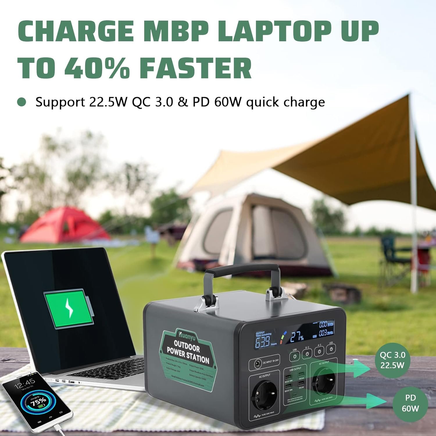 Huanyu Power Station 500W Outdoor Generator 500Wh Camping Power Bank Supporting Quick Charge with 8 AC/DC/USB Outputs Solar Power Generator with LED Lamp for Camping, Road Trip and Home - Image 4