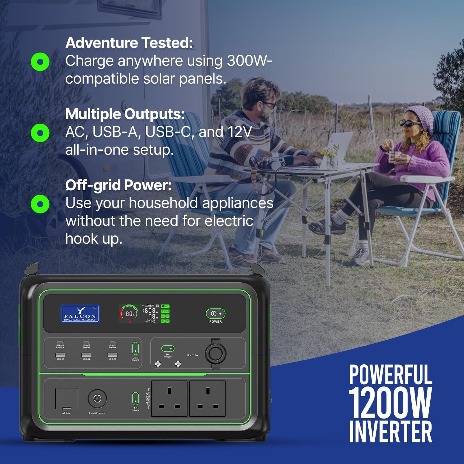 FALCON 1200W Portable Power Station, 1120Wh Outdoor Camping System, Mobile Lithium Battery Pack with 230V/1200W AC Outlets for Camping, Outdoor Adventure and Emergency Backup - Image 3