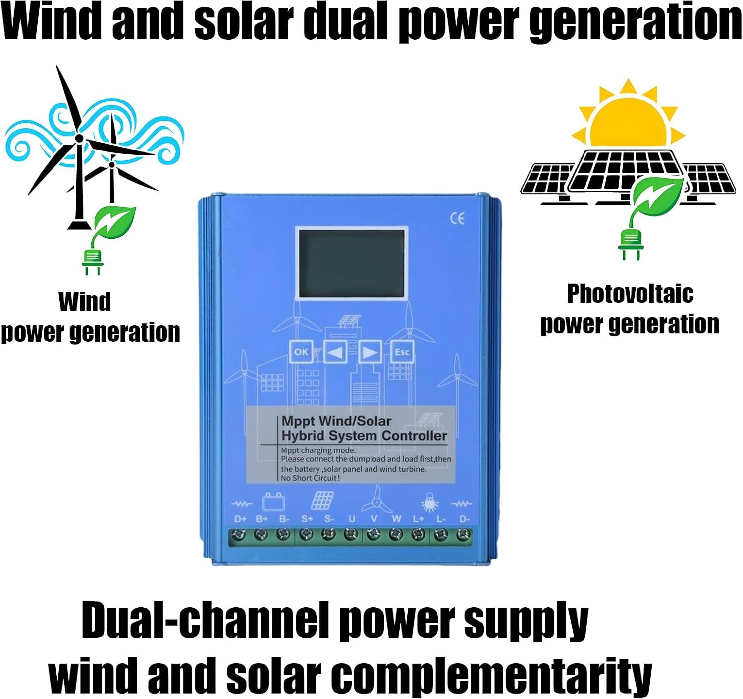 Wind Solar Hybrid Controller,Wind Turbine Generator,Solar Power,Mppt Charge Controller,With Lcd Display And Dump Load,For Outdoor Street Lights, Motorhomes, Etc.(Kgfvesdc-12/24v-Wind400w/Light400w) - Image 4