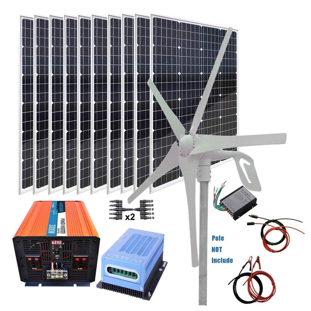 AUECOOR 1600W Solar Panel Wind Turbine Generator Kit: 10 pcs 120W Mono Solar Panel+ 400W Wind Turbine+ MPPT solar controller + wind controller+3000W Power inverter for 12V/24V Battery