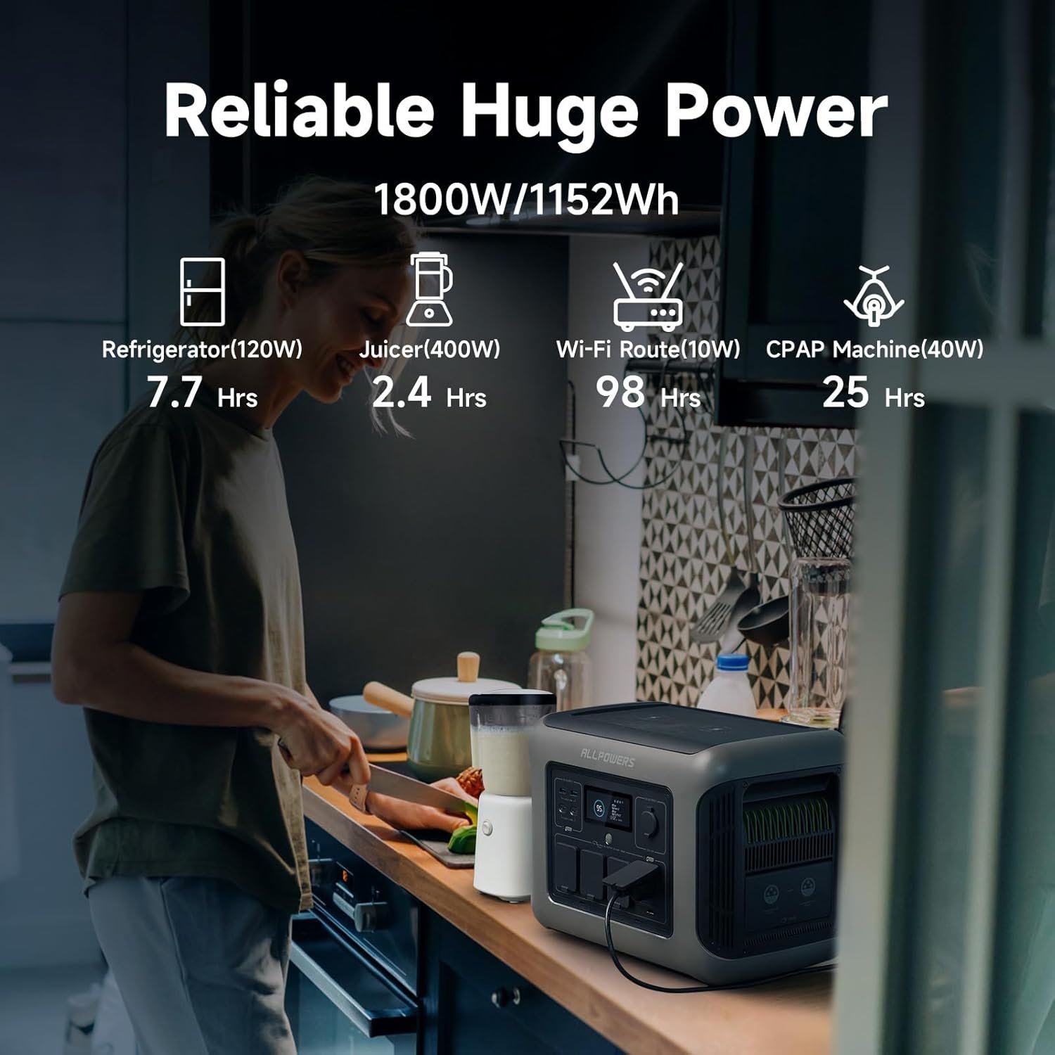ALLPOWERS R1500 Portable Power Station, 1152Wh LiFePO4 Battery Backup w/ 4 1800W (3000W peak) AC Outlets, 0-80% in 40 Min, 43dB UPS Solar Generator for Camping, Power Outage, RV, Home Use, Travel - Image 5