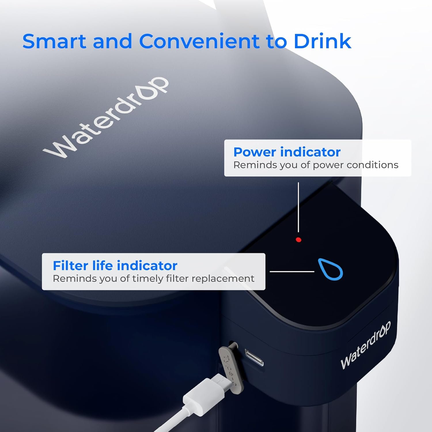 Waterdrop Instant Electric Water Filter Jug with a 3-Months Filter, 3.5L Countertop Water Filter System, Reduces Chlorine, Lead, Mercury, Reduce PFAS, PFOA/PFOS, 757 Litres, Blue (NOT Reduce TDS) - Image 5
