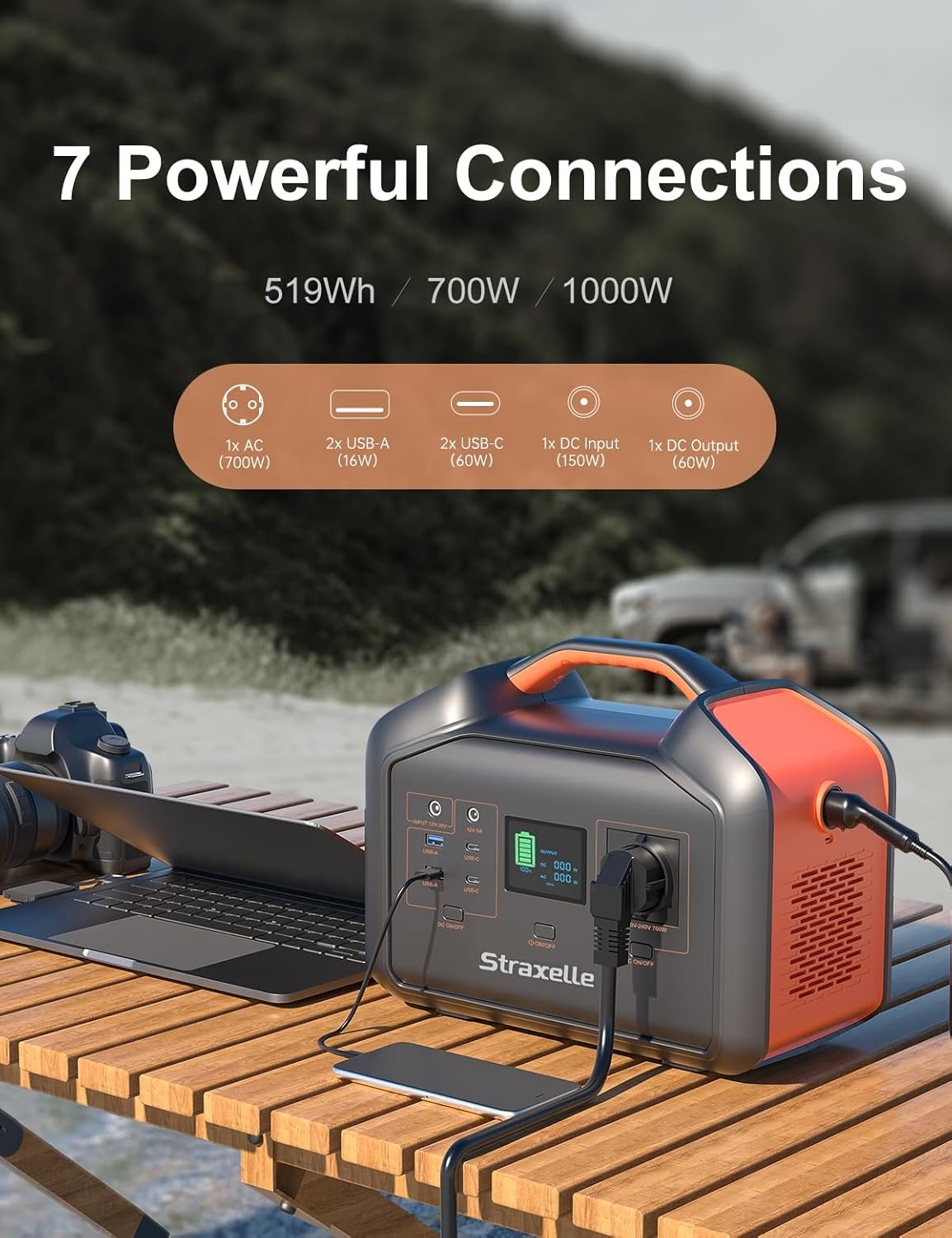 Straxelle Portable Power Station,700W(Peak 1000W)/519.48Wh Solar Generator with AC/DC/USB/Type C Outlet,Power Packs for Camping,Outdoor Adventure, Emergency, Party RV Trip(Solar Panel Not Included) - Image 2