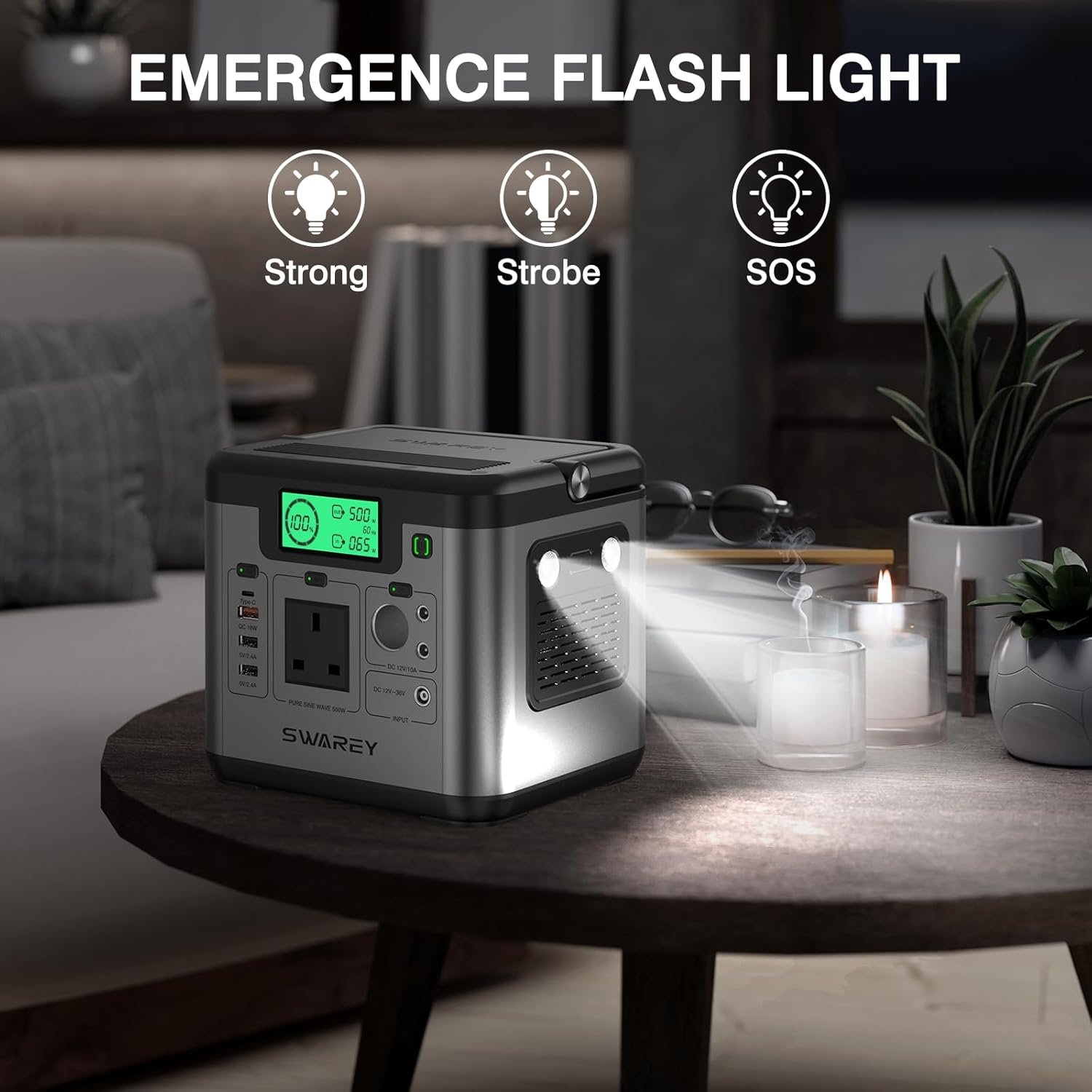 SWAREY Portable Power Station, 518Wh Power Staion with 500W(Surge 1000W) AC Outlet, PD 65W USB-C Port, Solar Generator for Outdoors Camping Travel Fishing RV - Image 6