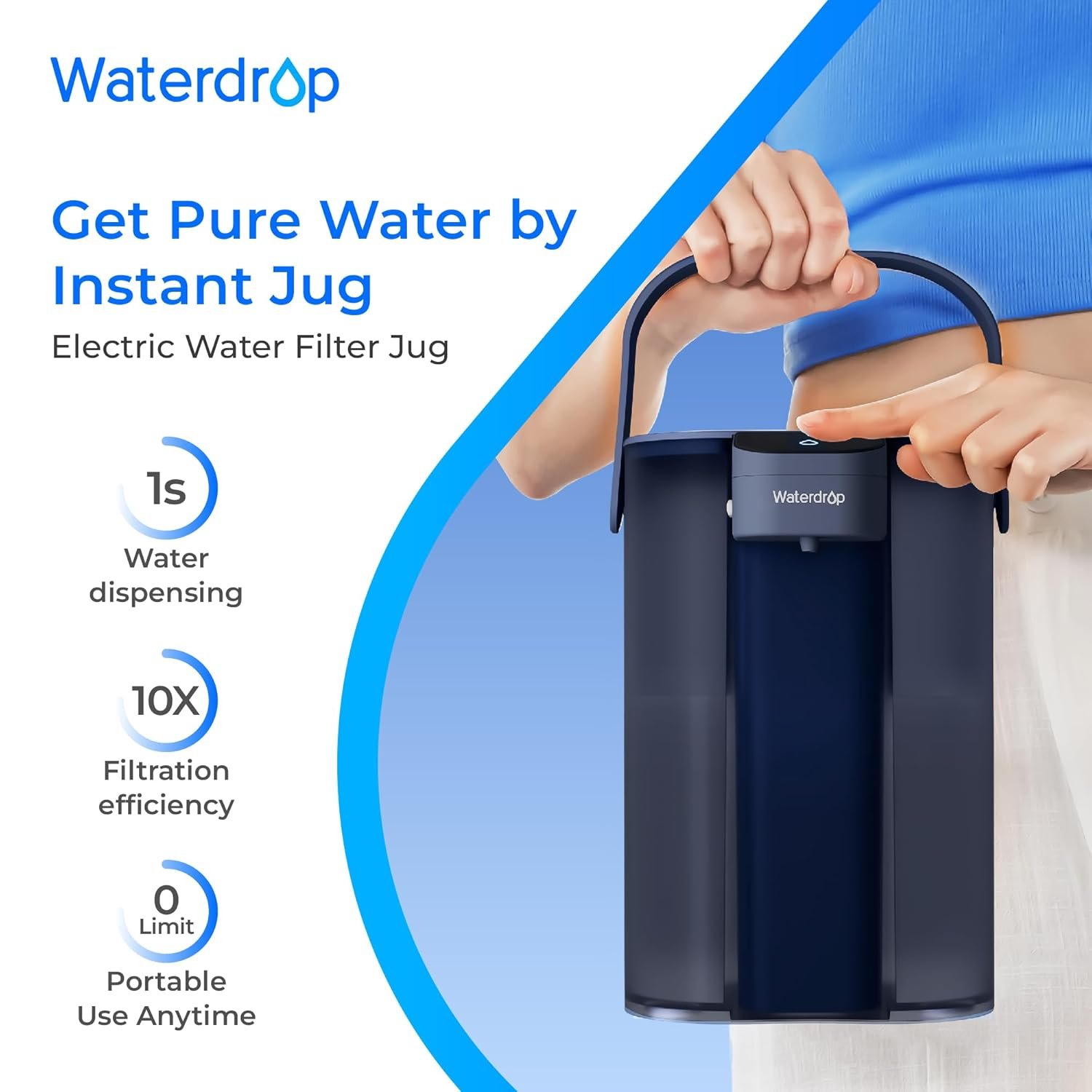 Waterdrop Instant Electric Water Filter Jug with a 3-Months Filter, 3.5L Countertop Water Filter System, Reduces Chlorine, Lead, Mercury, Reduce PFAS, PFOA/PFOS, 757 Litres, Blue (NOT Reduce TDS) - Image 2
