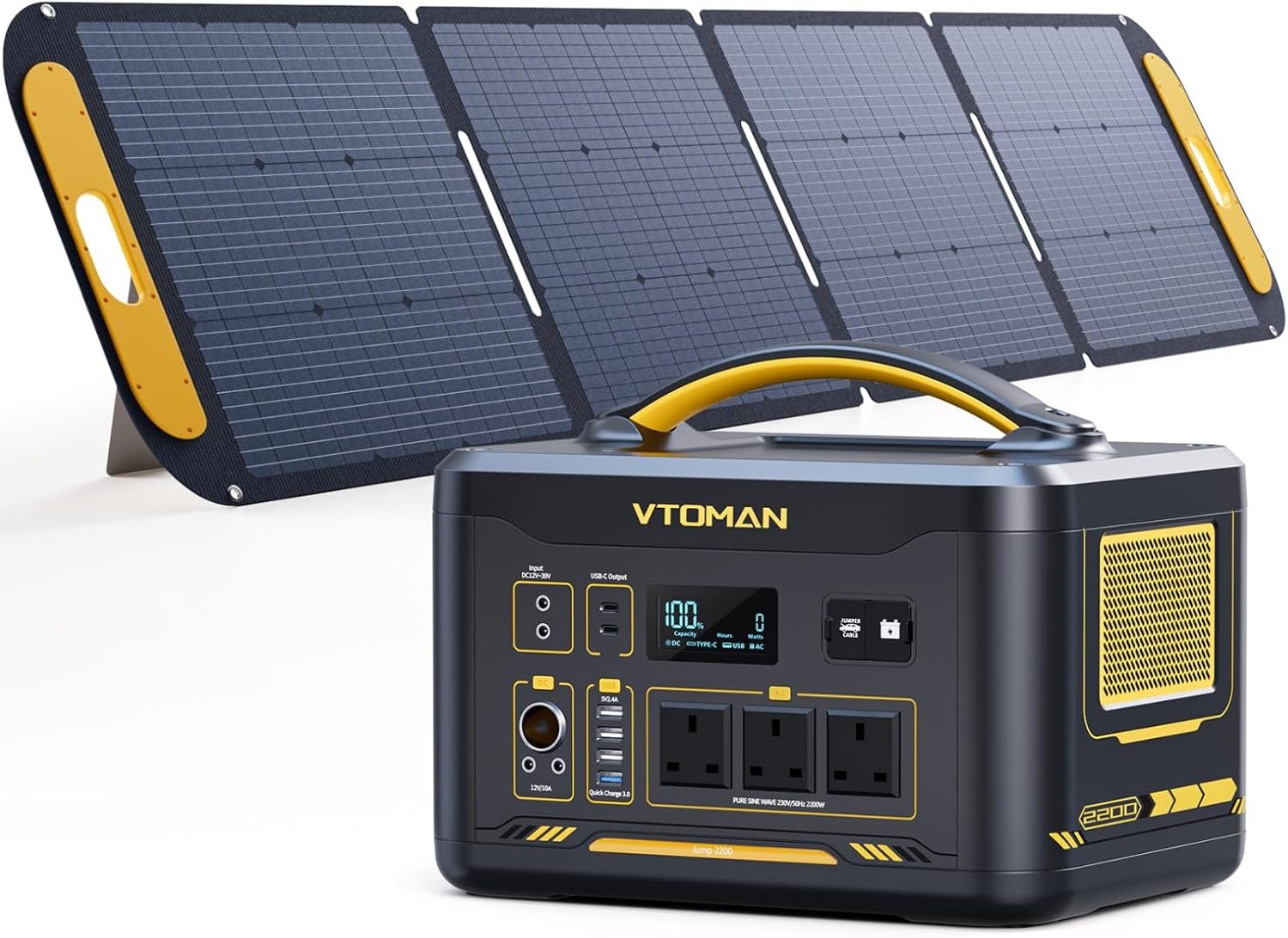 VTOMAN Jump 2200 Portable Power Station with 200W Solar Panel - 2200W/1548Wh LiFePO4 Battery Powered Solar Power Generator, 2200W Constant-Power, Regulated 12V DC, PD 100W Type-C for Camping, Travel
