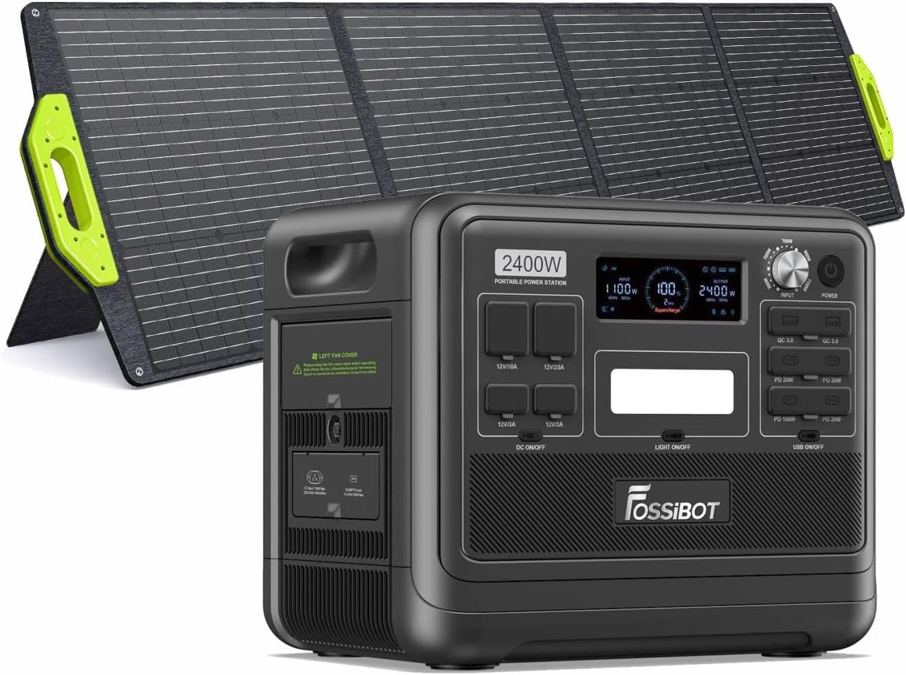 FOSSiBOT Tragbare Power Station F2400 With 200W solar panel, 2048Wh LiFePO4 solar-generator with 3 x 230V AC Output 2400W (4800W Peak), Applicable to RV/Camping/Home