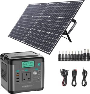 SWAREY 222Wh Power Station with 100W Solar Panel, 300W(Surge 600W) AC Outlet, PD 65W USB-C Port, Solar Generator for Outdoors Camping Travel Fishing Emergency