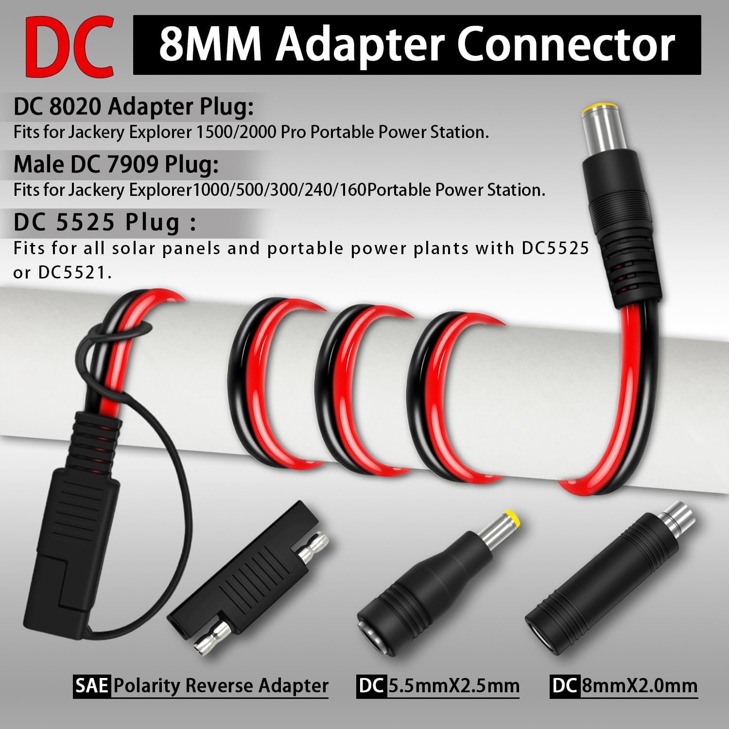 COMeap SAE to DC8mm Male Adapter for Jackery Solar Panel, with Polarity Reverse Adapter and DC7909 to DC5525/DC8020 Converter for Explorer/GZ Portable Power Station Solar Generator 14AWG 6FT(1.8M) - Image 3