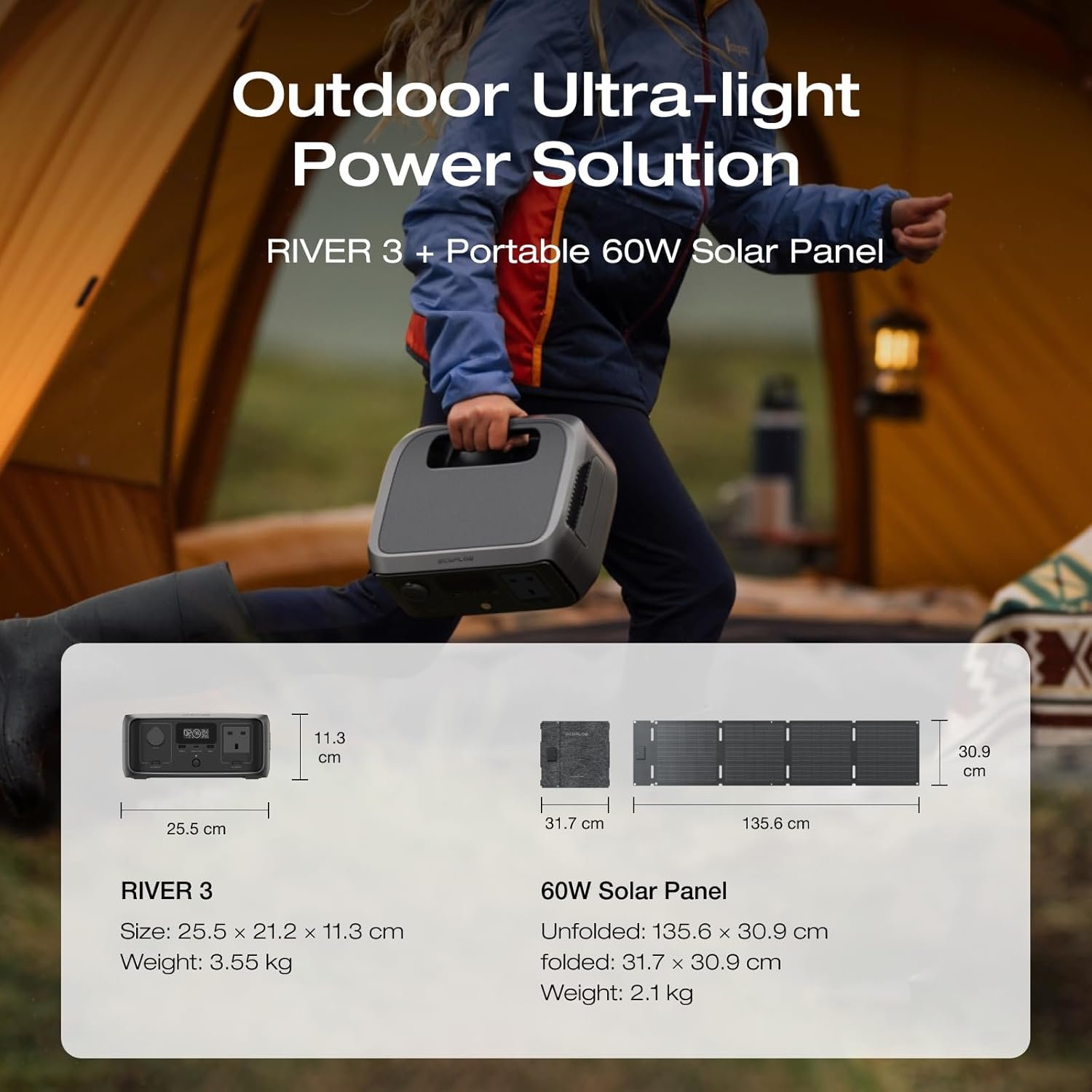 ECOFLOW RIVER 3 Portable Power Station with 60W solar panel, 245Wh LFP battery, up to 600W output, GaN efficiency doubles runtime, - Image 2