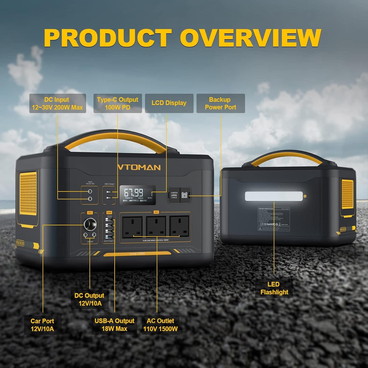 VTOMAN 1500W Portable Power Station - 828Wh Solar Generator LiFePO4 Battery Power Station, Dual 100W PD Type-C & Regulated DC, Capacity Expandable to 2376Wh for Camping, Travel, Off-grid Life, Backup - Image 9