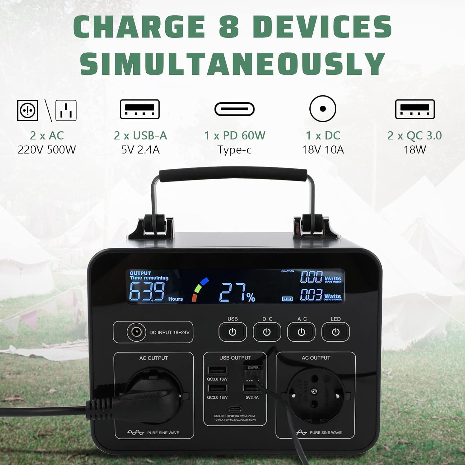 Huanyu Power Station 500W Outdoor Generator 500Wh Camping Power Bank Supporting Quick Charge with 8 AC/DC/USB Outputs Solar Power Generator with LED Lamp for Camping, Road Trip and Home - Image 3