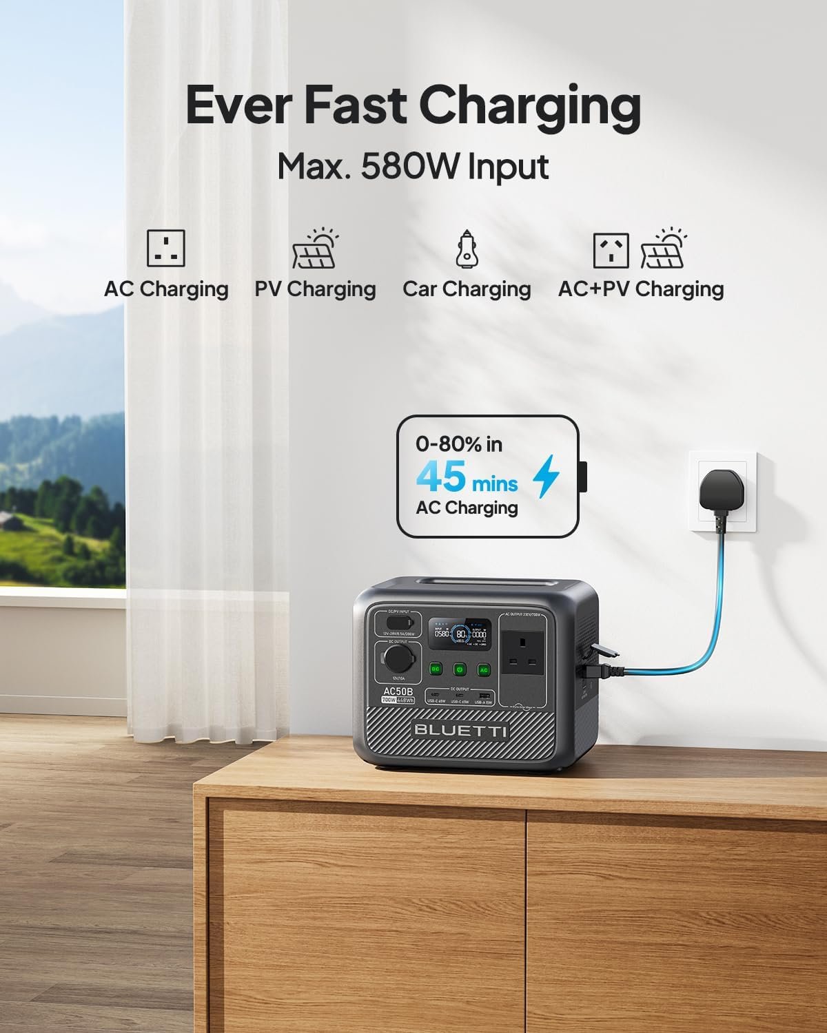 BLUETTI Portable Power Station AC50B, 448Wh LiFePO4 Battery Backup, 700W AC Outlets (1050W Surge), 65W USB-C PD Output, Solar Generator for Camping, Emergency, Travel (Solar Panel Optional) - Image 4