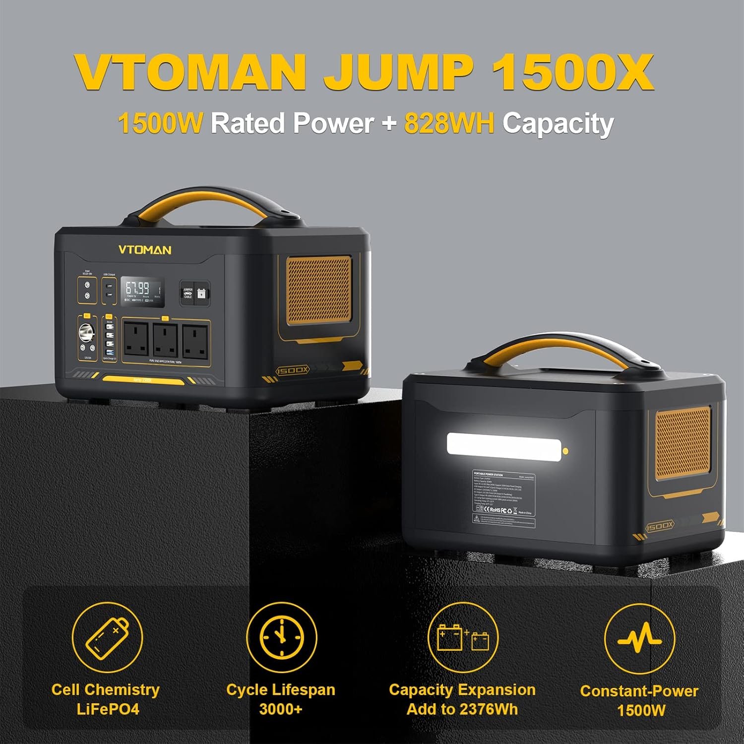 VTOMAN 1500W Portable Power Station - 828Wh Solar Generator LiFePO4 Battery Power Station, Dual 100W PD Type-C & Regulated DC, Capacity Expandable to 2376Wh for Camping, Travel, Off-grid Life, Backup - Image 4