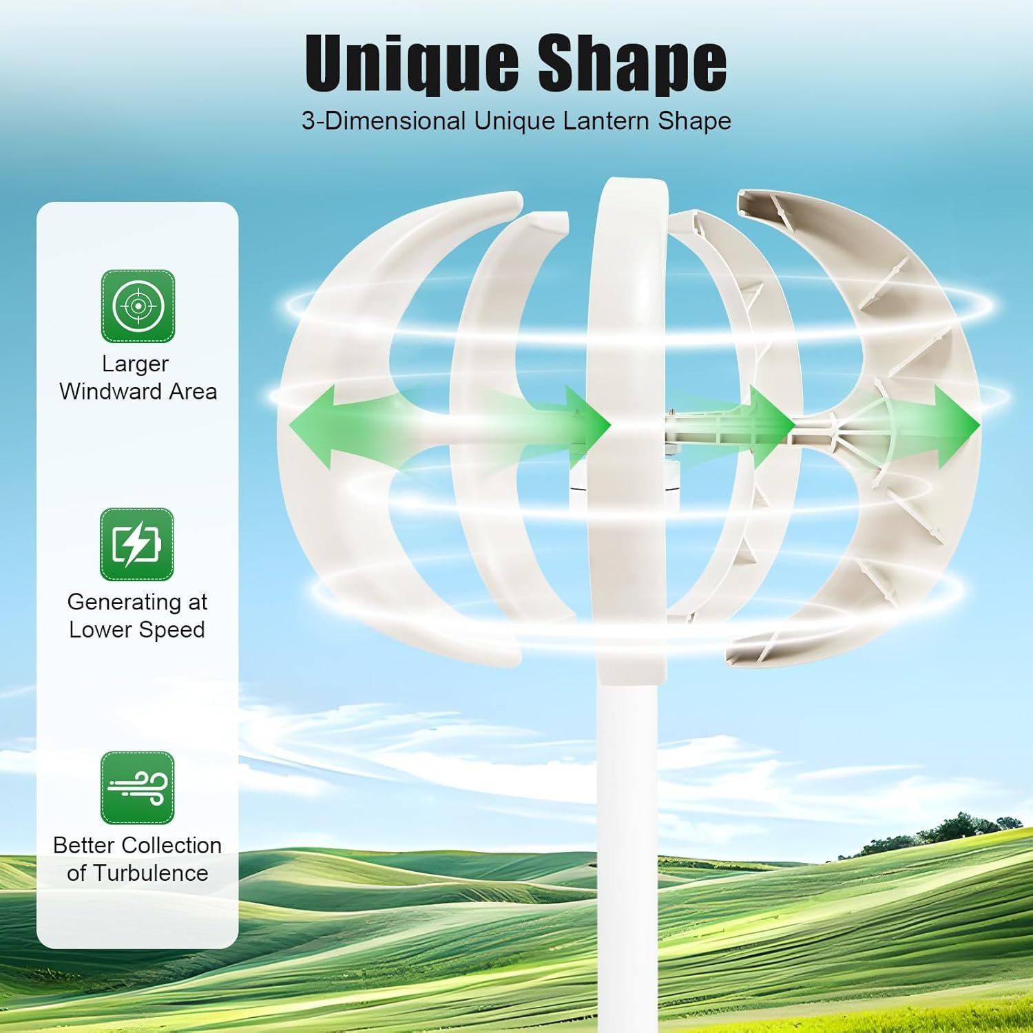 White Lantern Wind Generator 600W 12V IP67 Wind Turbine Generator 5 Blades Vertical Axis Wind Power System Wind And Solar Complementary Power Generation For Home Factory Use - Image 4