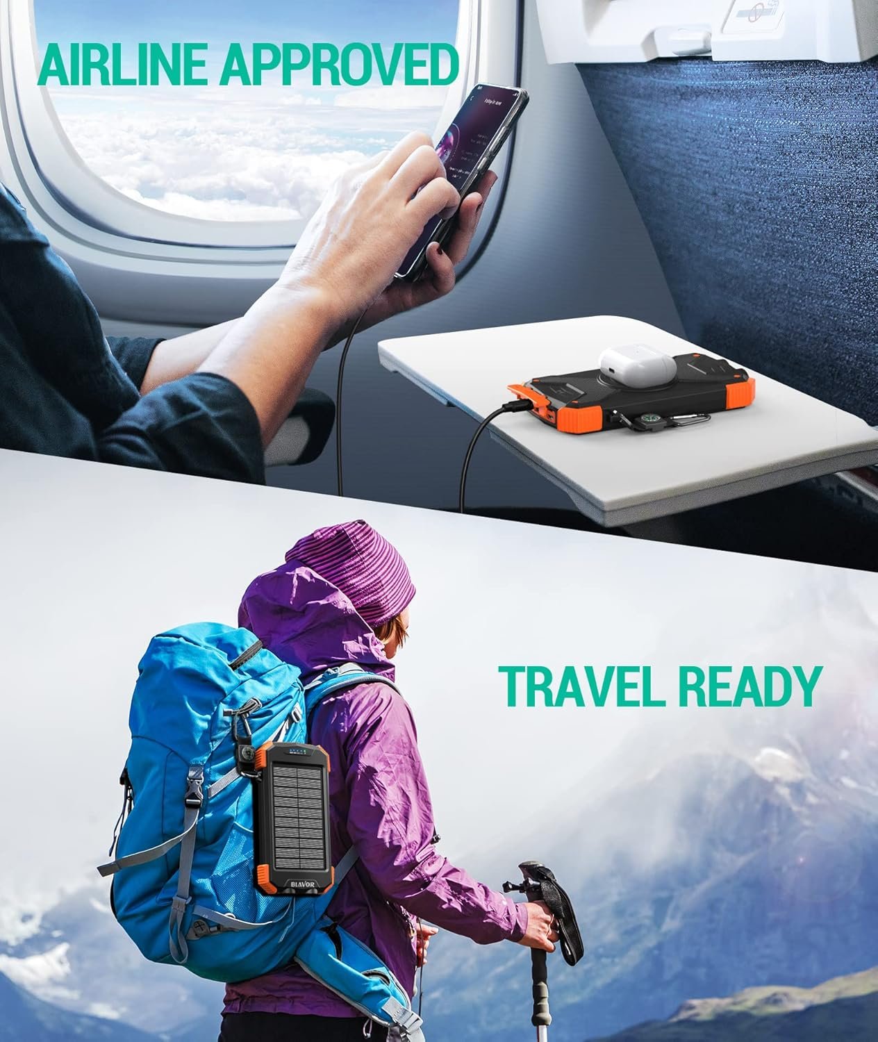 BLAVOR Solar Power Bank Solar Charger 10,000mAh with PD 20W Fast Charging, Qi Wireless Potable Charger for Cell Phones, Battery Pack Power Bank with Dual Flashlight and Compass - Image 7