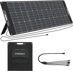 SWAREY 200W Foldable Solar Panel, Monocrystalline Portable Solar Charger with PD 18W Type-C, XT60 Anderson DC5521 Adapters, Adjustable Brackets for Power Station, Camping, RV