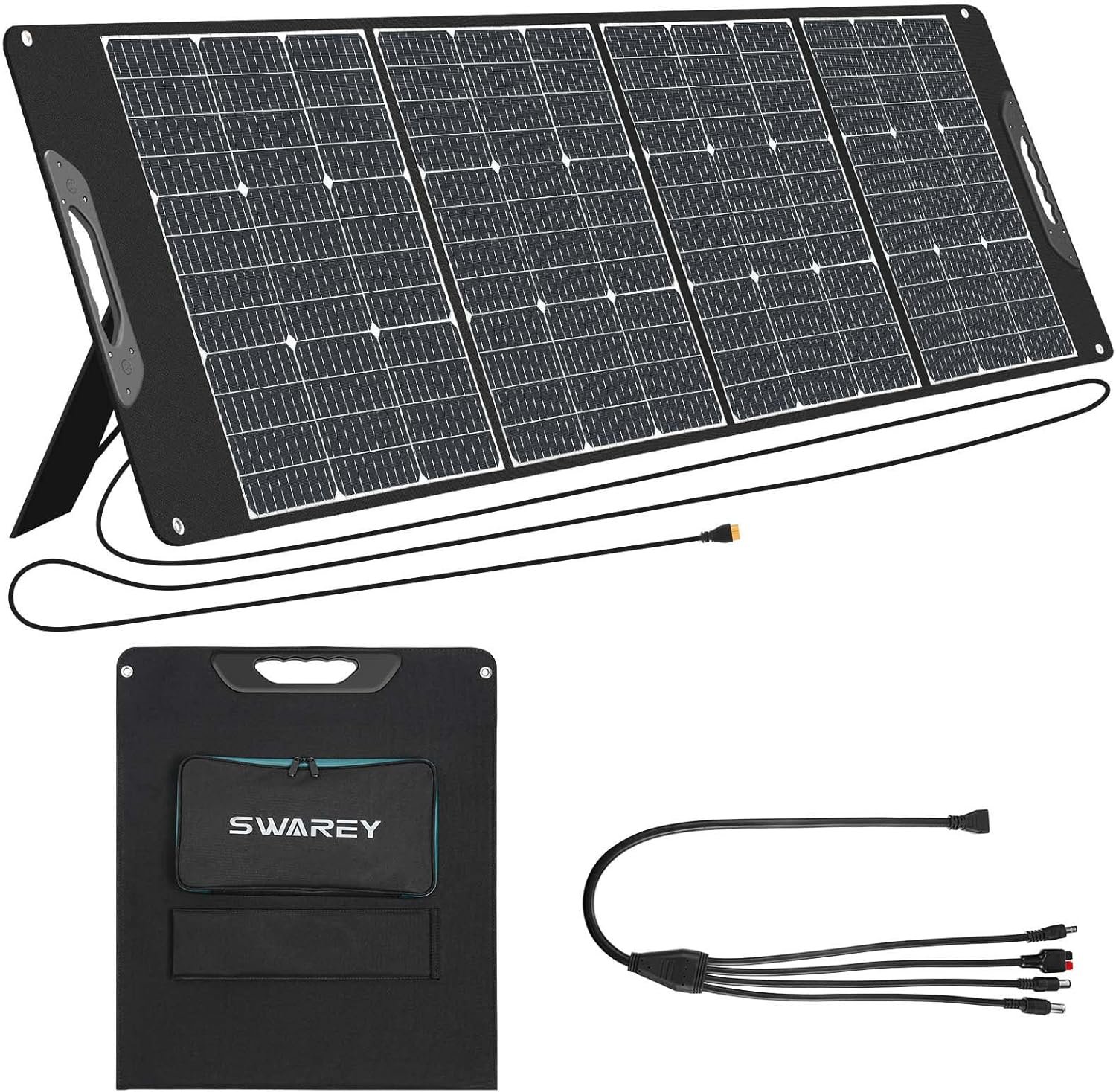 SWAREY 200W Foldable Solar Panel, Monocrystalline Portable Solar Charger with PD 18W Type-C, XT60 Anderson DC5521 Adapters, Adjustable Brackets for Power Station, Camping, RV