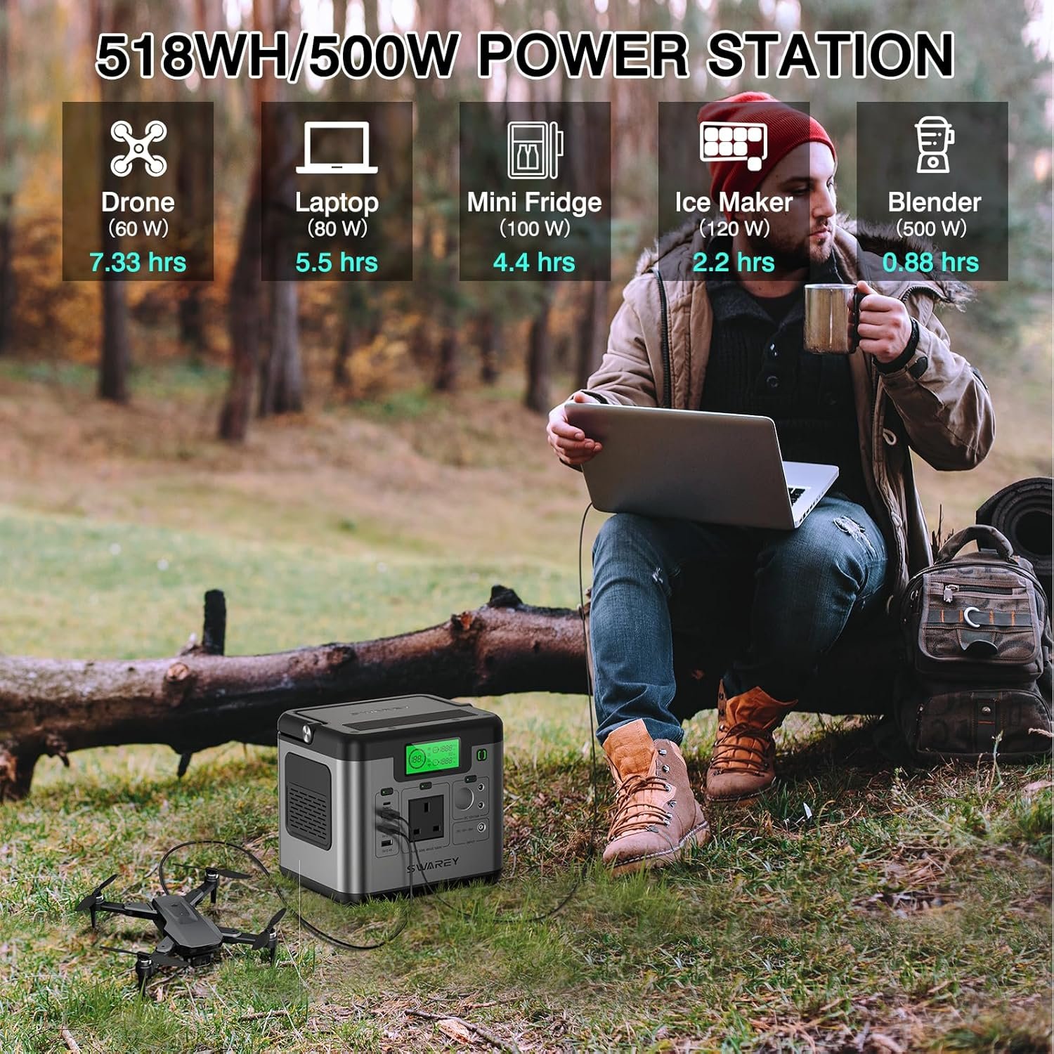 SWAREY Portable Power Station, 518Wh Power Staion with 500W(Surge 1000W) AC Outlet, PD 65W USB-C Port, Solar Generator for Outdoors Camping Travel Fishing RV - Image 3