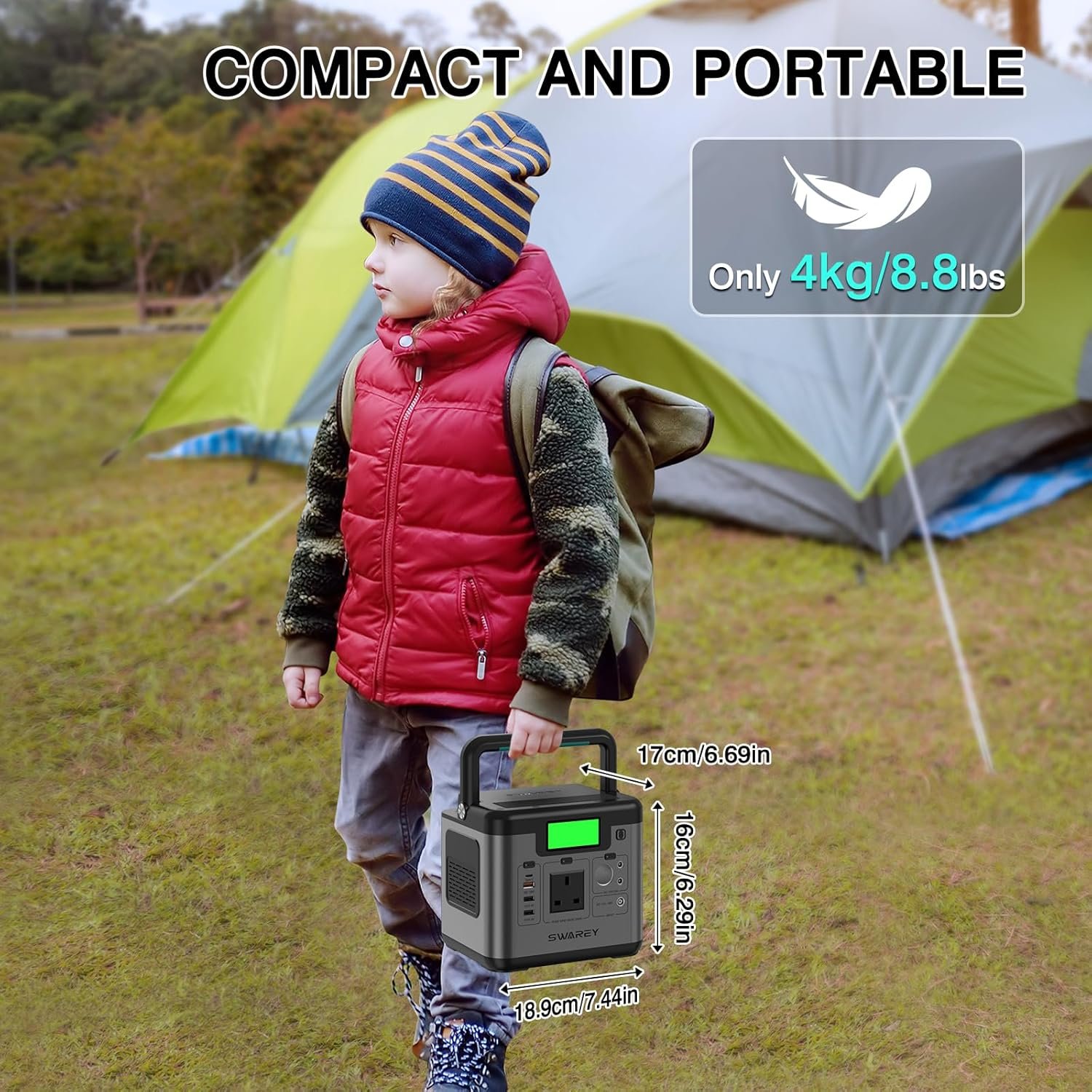 SWAREY Portable Power Station, 518Wh Power Staion with 500W(Surge 1000W) AC Outlet, PD 65W USB-C Port, Solar Generator for Outdoors Camping Travel Fishing RV - Image 5