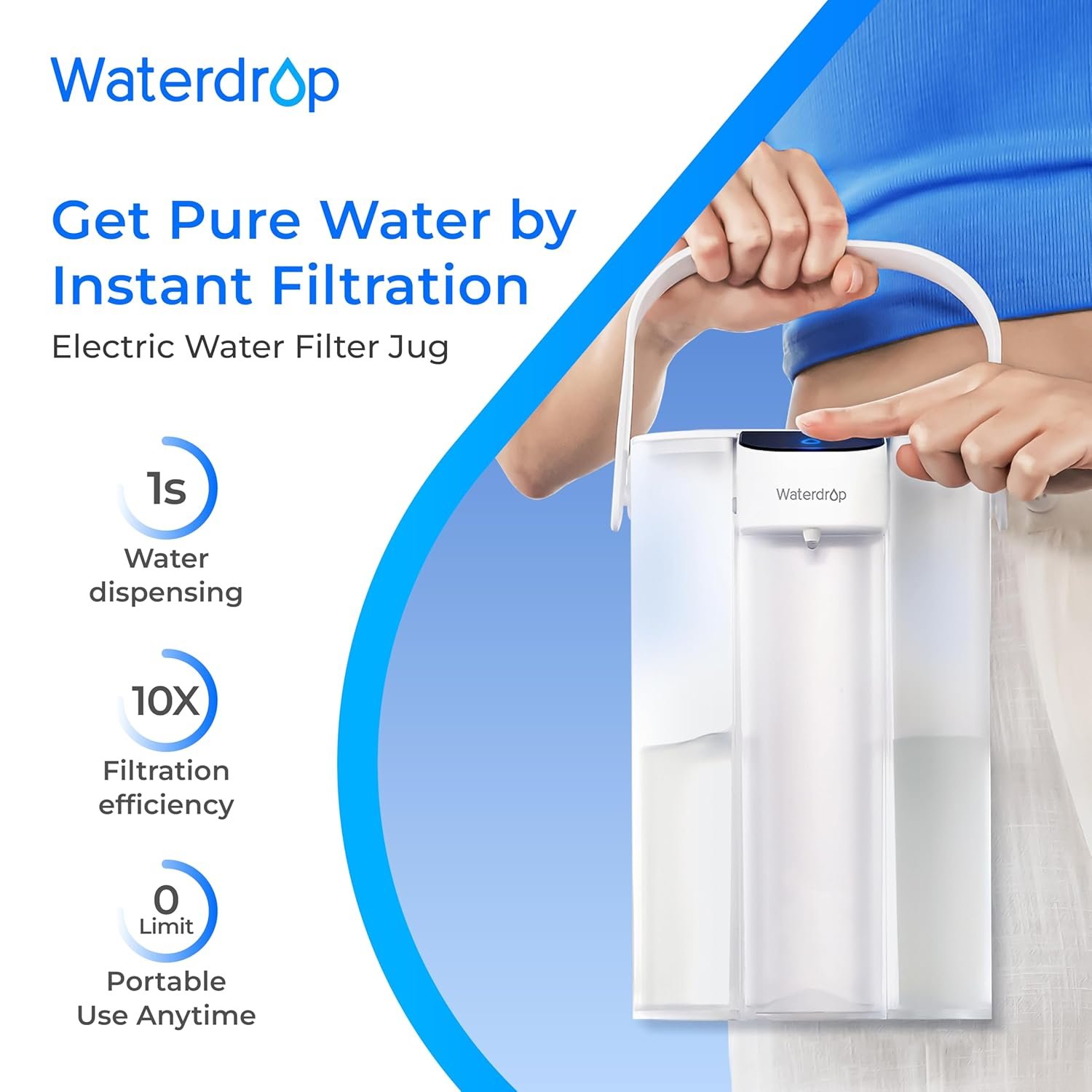 Waterdrop Instant Electric Water Filter Jug with a 3-Months Filter, 3.5L Countertop Water Filter System, Reduces Chlorine, Lead, Mercury, Reduce PFAS, PFOA/PFOS, 757 Litres, White (NOT Reduce TDS) - Image 2