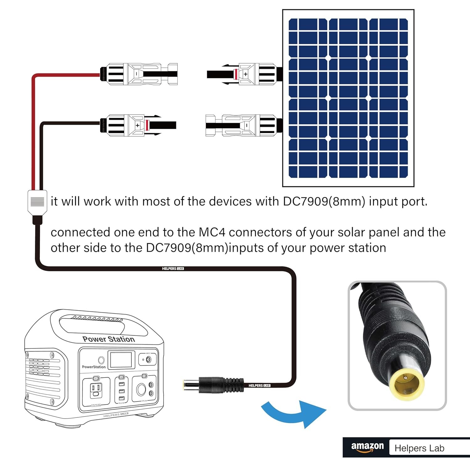 helpers lab Solar Panel Connector to DC7909 8mm Adapter Cable Solar Connectors Extension Cable for GZ Yeti Jackery Solar Generator Portable Power Station 6ft - Image 4