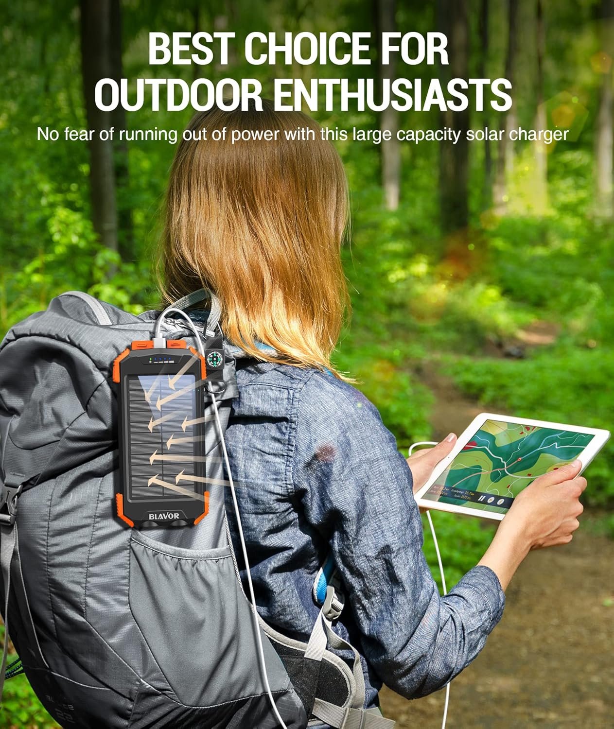 BLAVOR Solar Power Bank Solar Charger 10,000mAh with PD 20W Fast Charging, Qi Wireless Potable Charger for Cell Phones, Battery Pack Power Bank with Dual Flashlight and Compass - Image 8