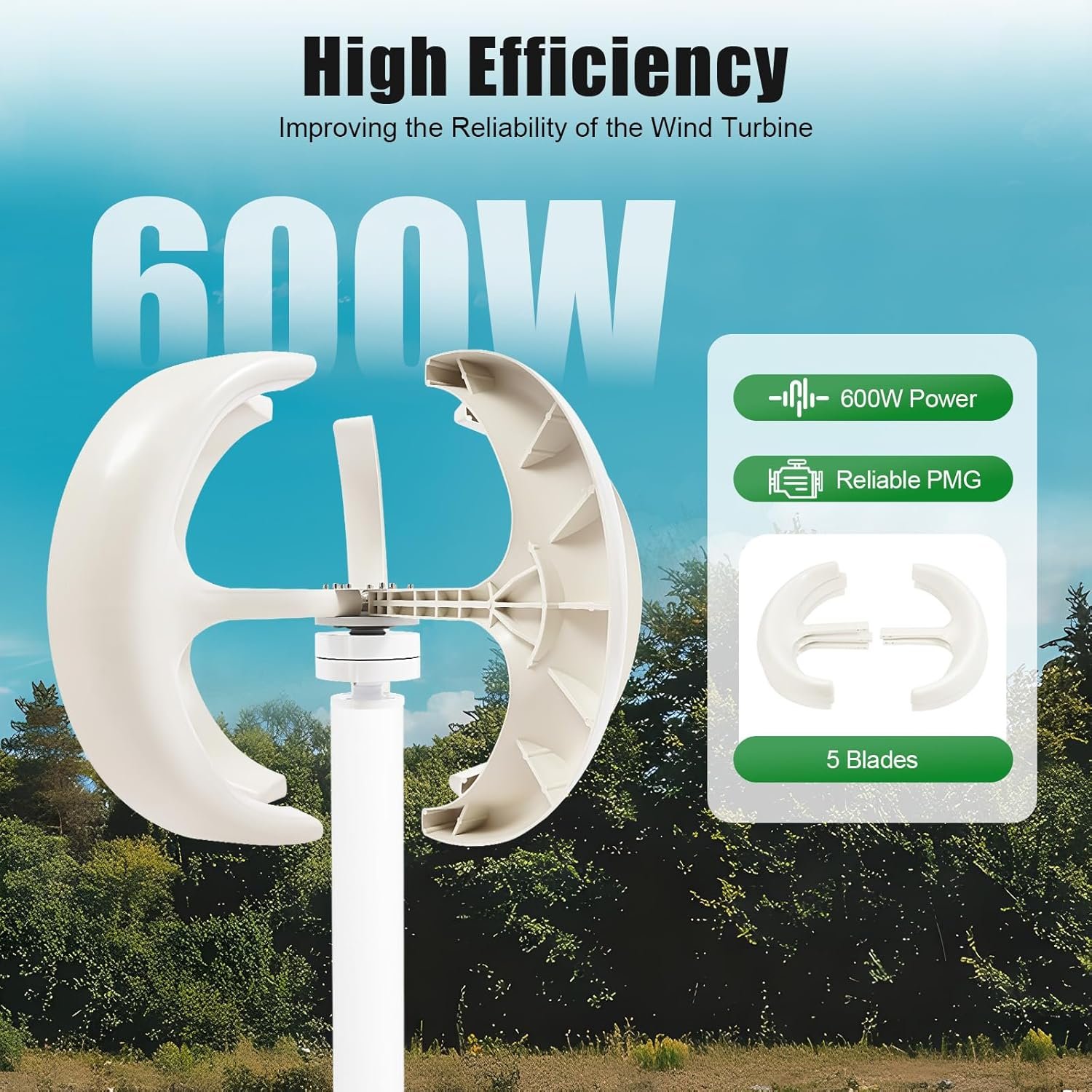 White Lantern Wind Generator 600W 12V IP67 Wind Turbine Generator 5 Blades Vertical Axis Wind Power System Wind And Solar Complementary Power Generation For Home Factory Use - Image 2
