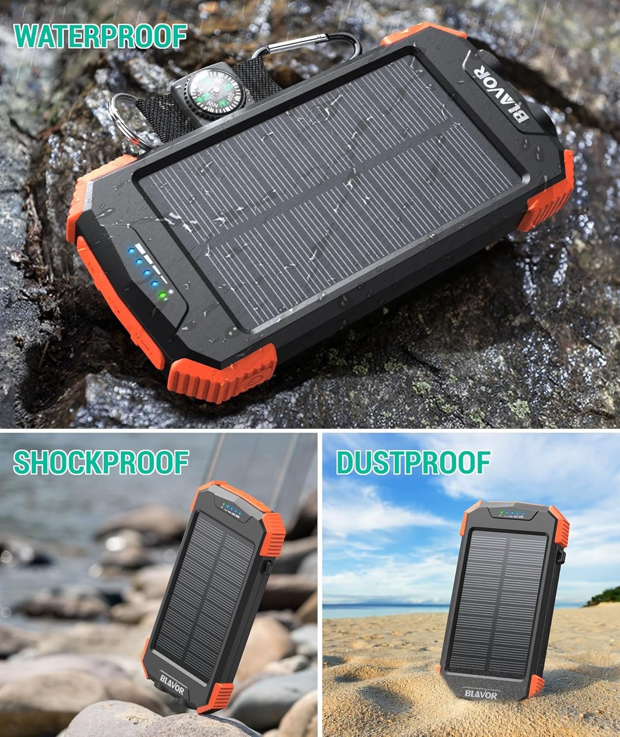 BLAVOR Solar Power Bank Solar Charger 10,000mAh with PD 20W Fast Charging, Qi Wireless Potable Charger for Cell Phones, Battery Pack Power Bank with Dual Flashlight and Compass - Image 5
